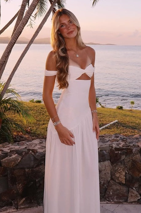 Off-Shoulder Sweetheart A-Line White Satin Party Prom Dress