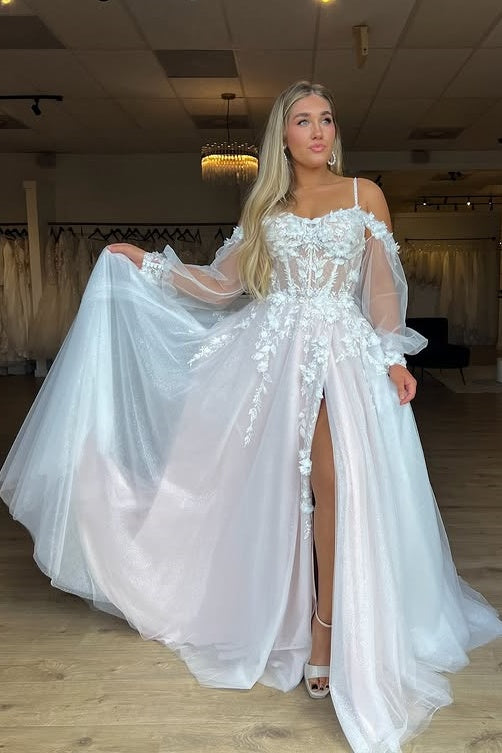 Off-Shoulder Sweetheart Tulle A-Line Appliques Beach Wedding Dress