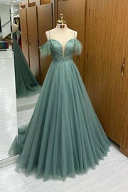 Off-Shoulder Tulle A-Line Appliques Empire Long Party Prom Dress