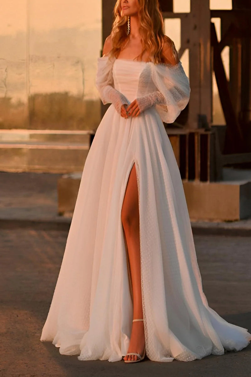 Off-Shoulder Tulle A-Line Beach Wedding Dress With Slit Custom Color / US 2