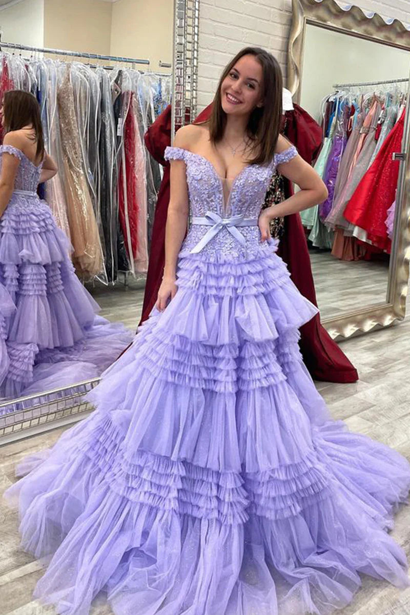 Off-Shoulder Tulle A-Line Empire Appliques Tiered Party Prom Dress