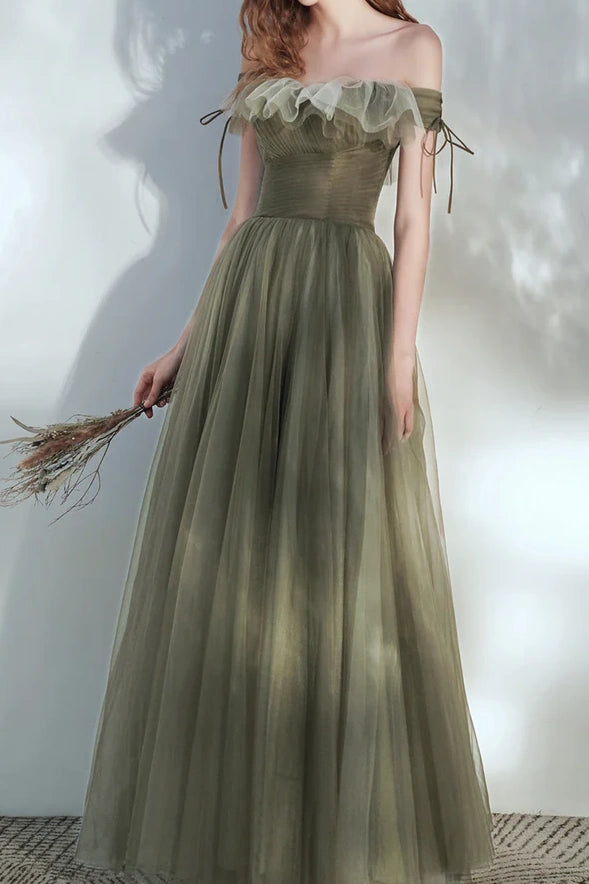 Off-Shoulder Tulle A-Line Empire Long Bridesmaid Dress