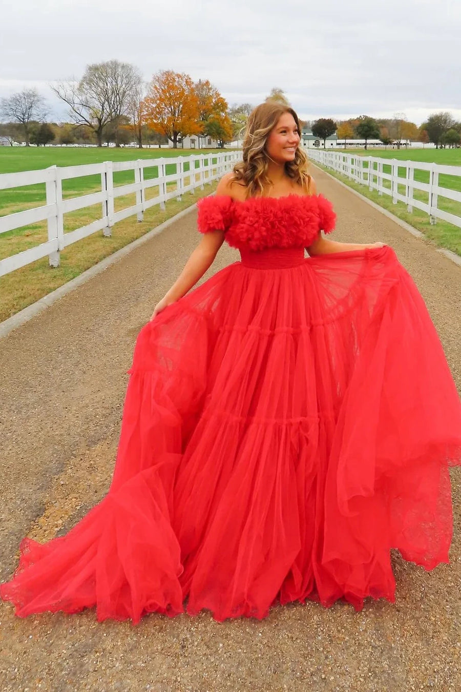 Off-Shoulder Tulle A-Line Empire Long Party Prom Dress