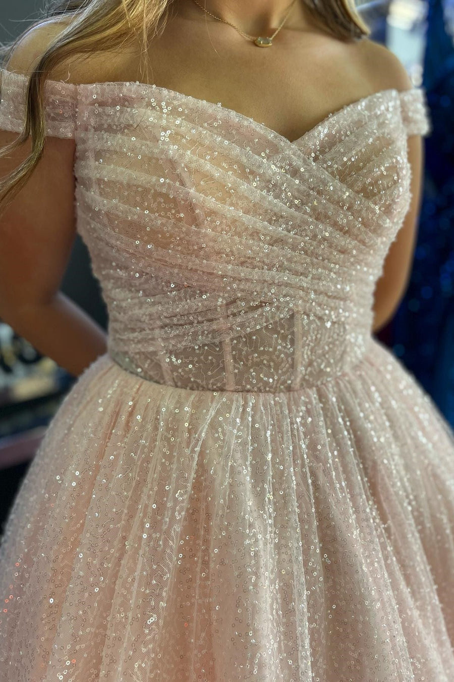 Off-Shoulder Tulle A-Line Empire Sparkly Party Prom Dress