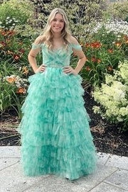 Off-Shoulder Tulle A-Line Empire Tiered Long Prom Dress