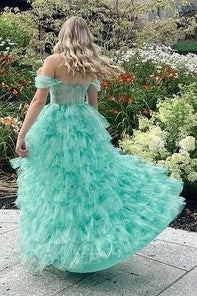 Off-Shoulder Tulle A-Line Empire Tiered Long Prom Dress