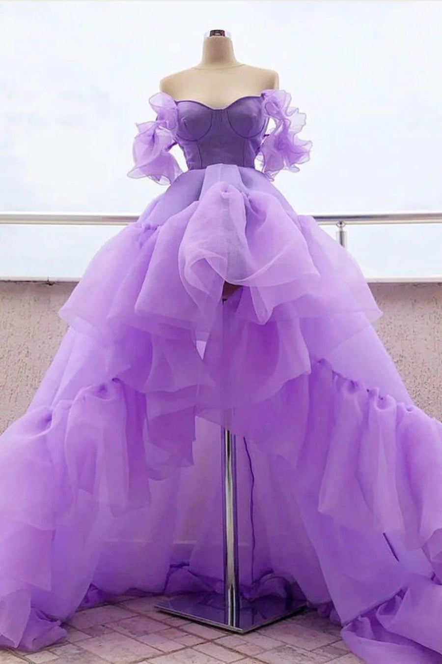 Off-Shoulder Tulle A-Line High Low Long Prom Dress