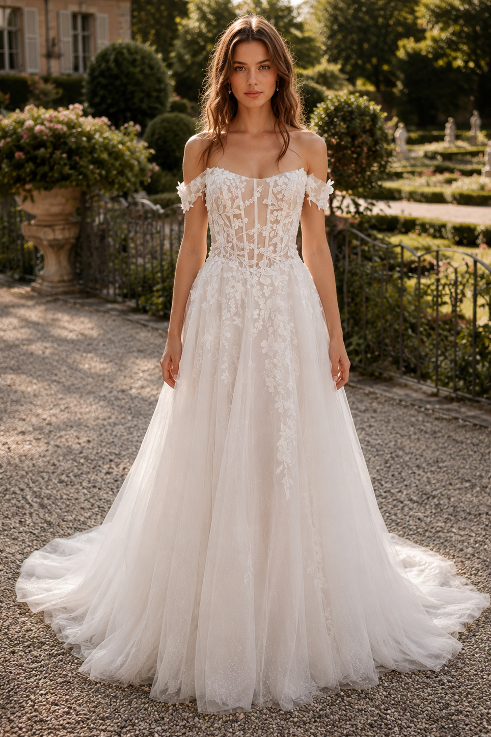 Off-Shoulder Tulle A-Line Lace Appliques Summer Wedding Dress
