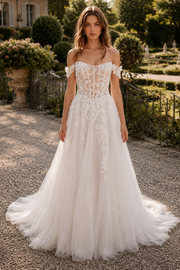 Off-Shoulder Tulle A-Line Lace Appliques Summer Wedding Dress