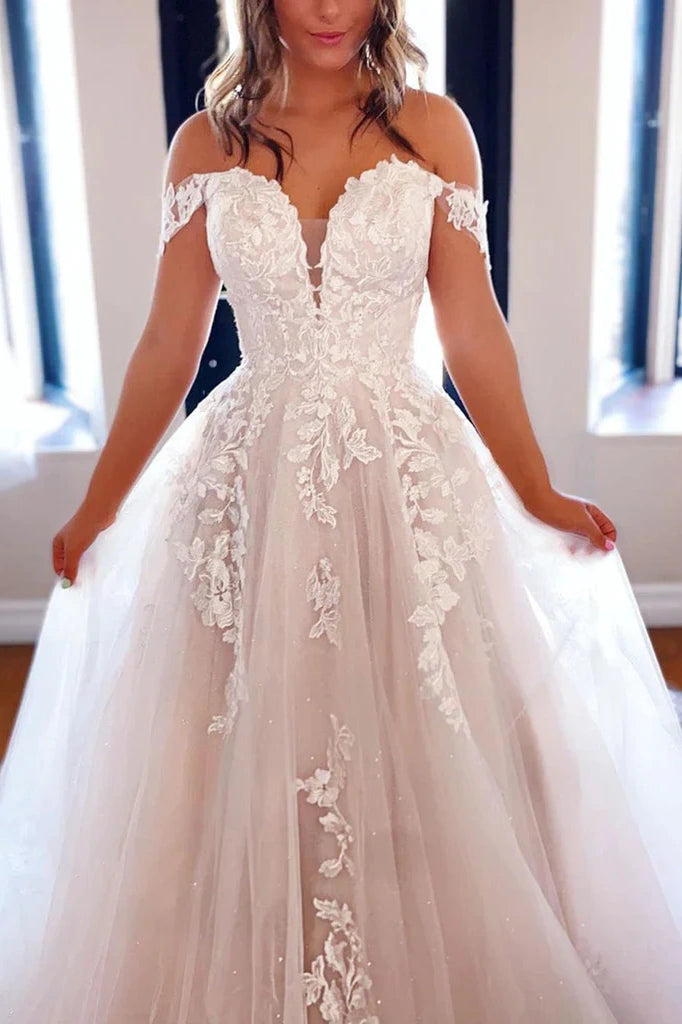 Off-Shoulder Tulle A-Line Wedding Dress With Appliques