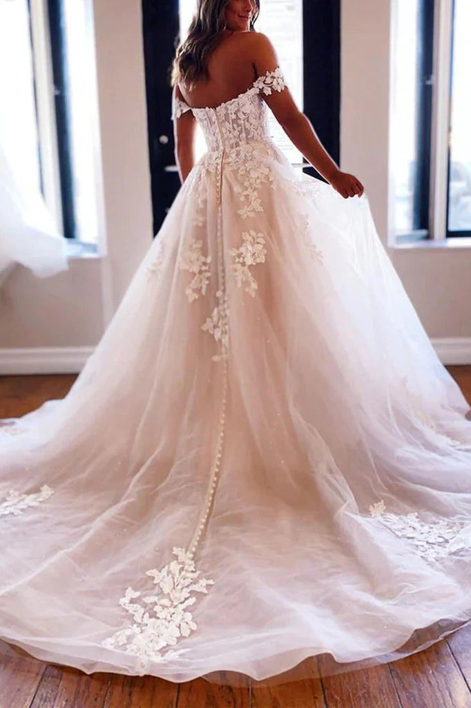 Off-Shoulder Tulle A-Line Wedding Dress With Appliques