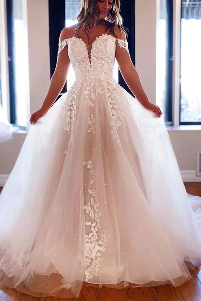 Off-Shoulder Tulle A-Line Wedding Dress With Appliques