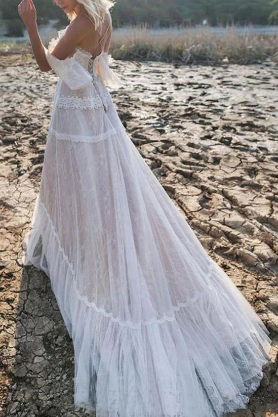 Off-Shoulder V-Neck A-Line Lace Boho Wedding Dress Ivory / US 2 Off-Shoulder V-Neck A-Line Lace Boho Wedding Dress Ivory / US 2