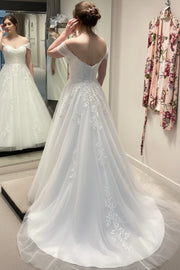Off-Shoulder V-Neck Backless Lace Appliques A-Line Wedding Dress