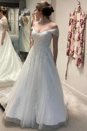 Off-Shoulder V-Neck Backless Lace Appliques A-Line Wedding Dress