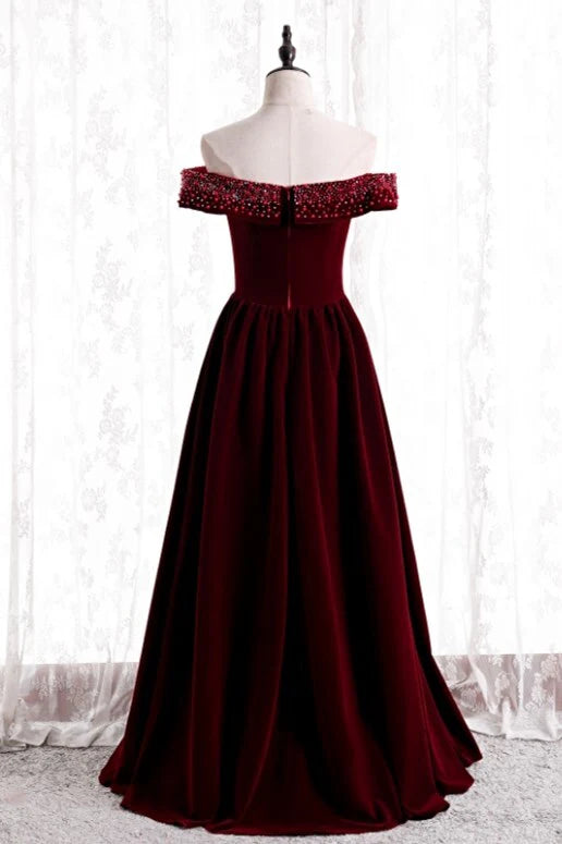 Off-Shoulder Velvet A-Line Beaded Long Bridesmaid Dress