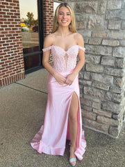 Pink Off-Shoulder Appliques Mermaid Prom Dress