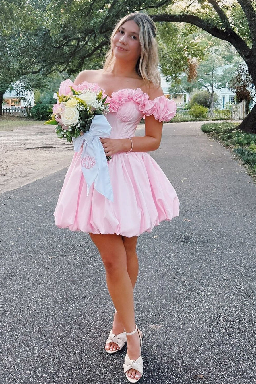 Cute Satin A-Line Off-Shoulder Empire Short Homecoming Dress