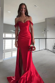 Red Sweetheart Off-Shoulder Mermaid Satin Prom Party Dress