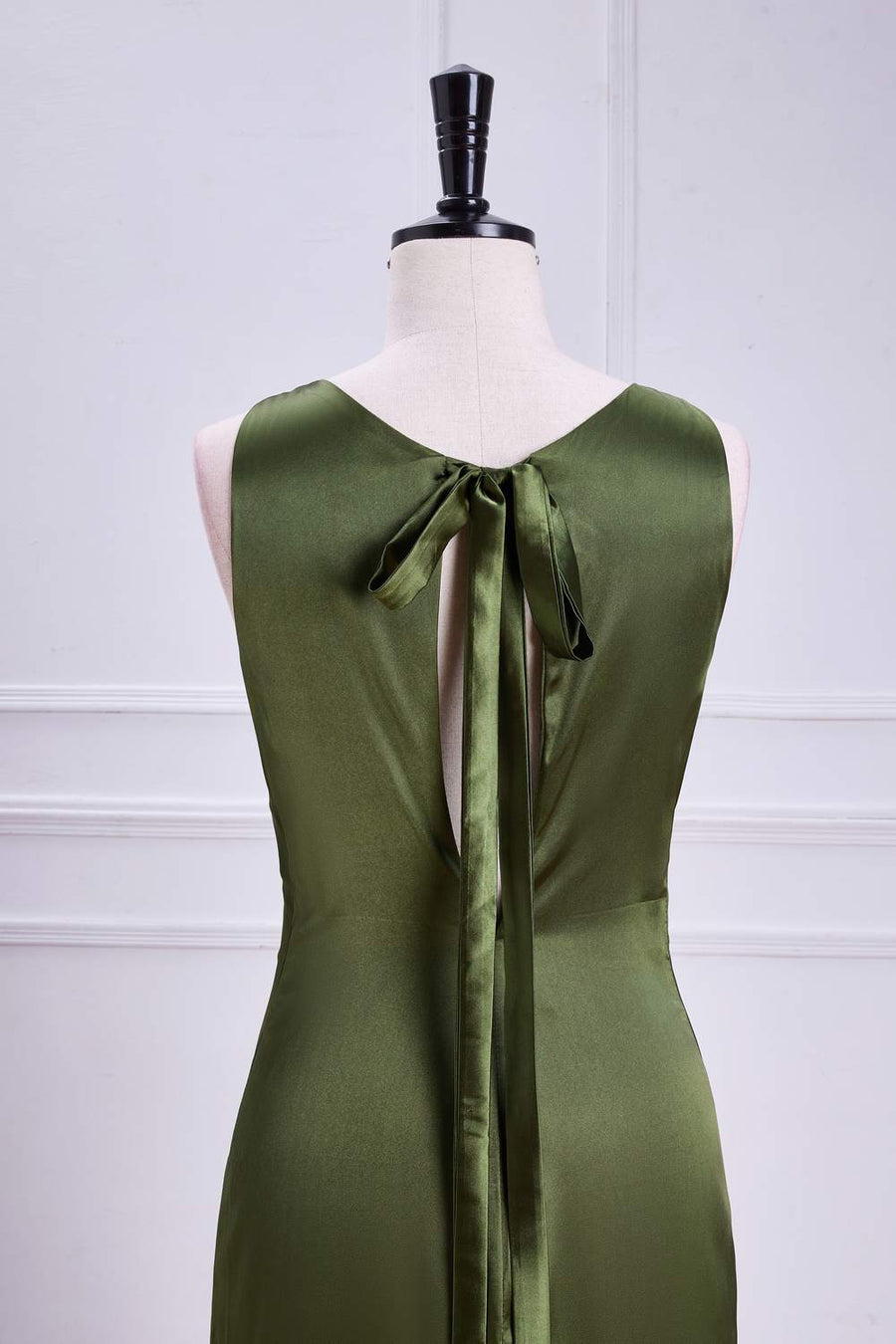 Olive Sleeveless Mermaid Satin Bow Tie Calf-Length Bridesmaid Dress back side close up shot