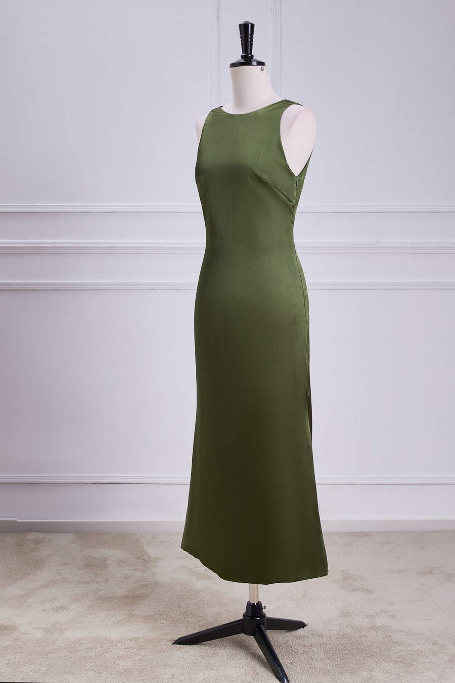 Olive Sleeveless Mermaid Satin Bow Tie Calf-Length Bridesmaid Dress left facing front side