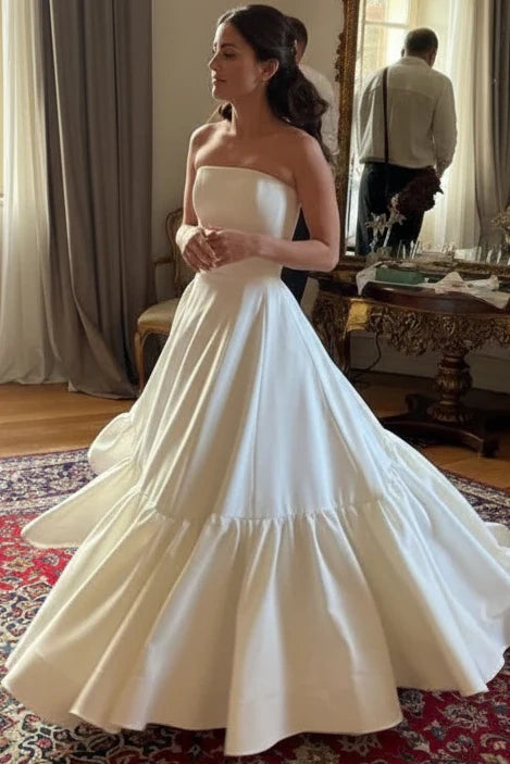 Omate Satin A-Line Strapless High Waist Wedding Dress