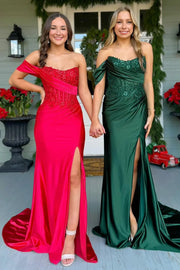 One Shoulder Bateau Lace Top Satin Mermaid Prom Party Dress