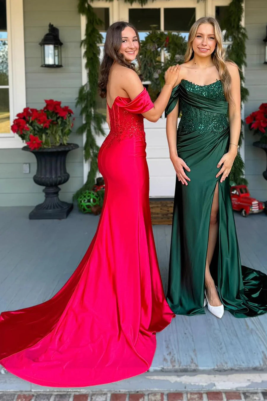 One Shoulder Bateau Lace Top Satin Mermaid Prom Party Dress