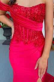 One Shoulder Bateau Lace Top Satin Mermaid Prom Party Dress