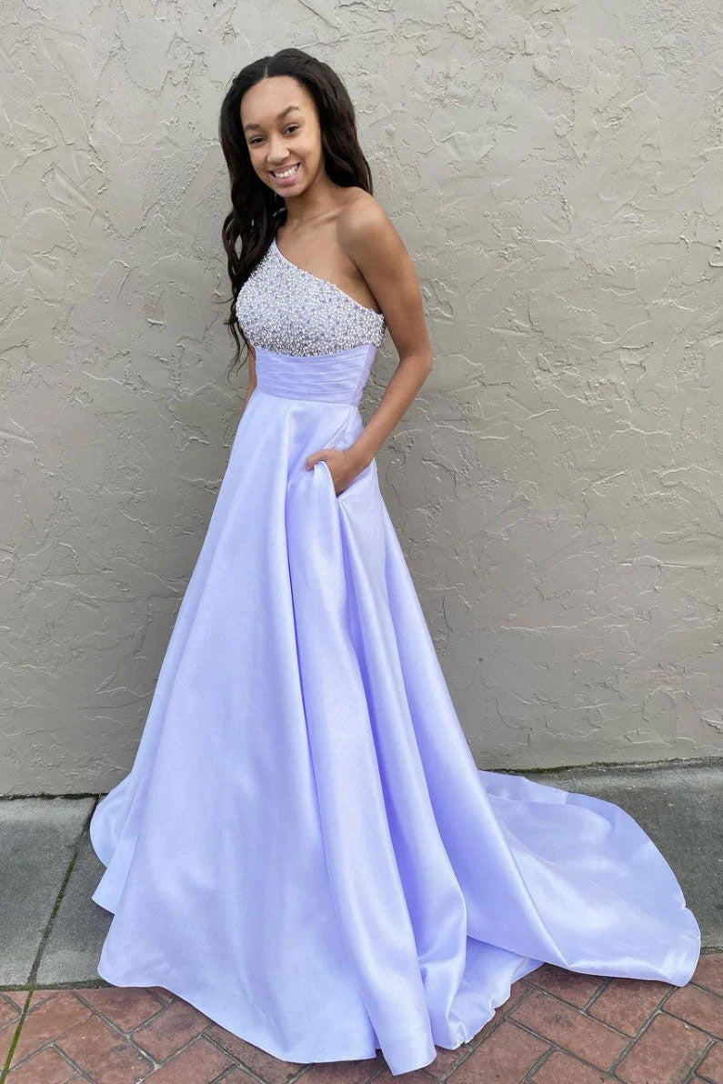 One Shoulder Beaded A-Line Party Prom Dress