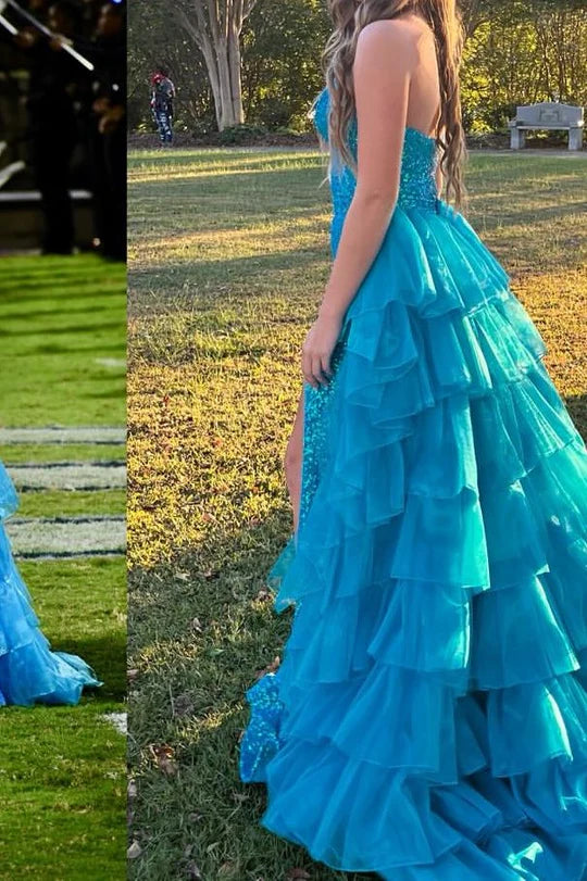 One Shoulder Empire Tiered Two Tone Prom Dress