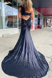 One Shoulder Empire With Side Slit Fully Sequins Prom Dress