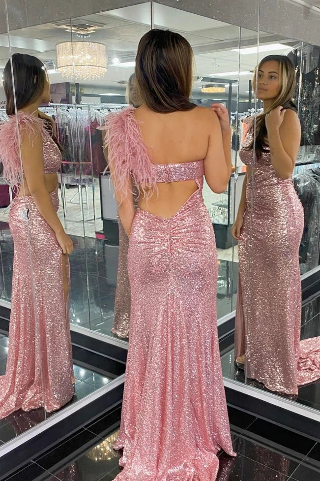 One Shoulder Empire With Side Slit Fully Sequins Prom Dress