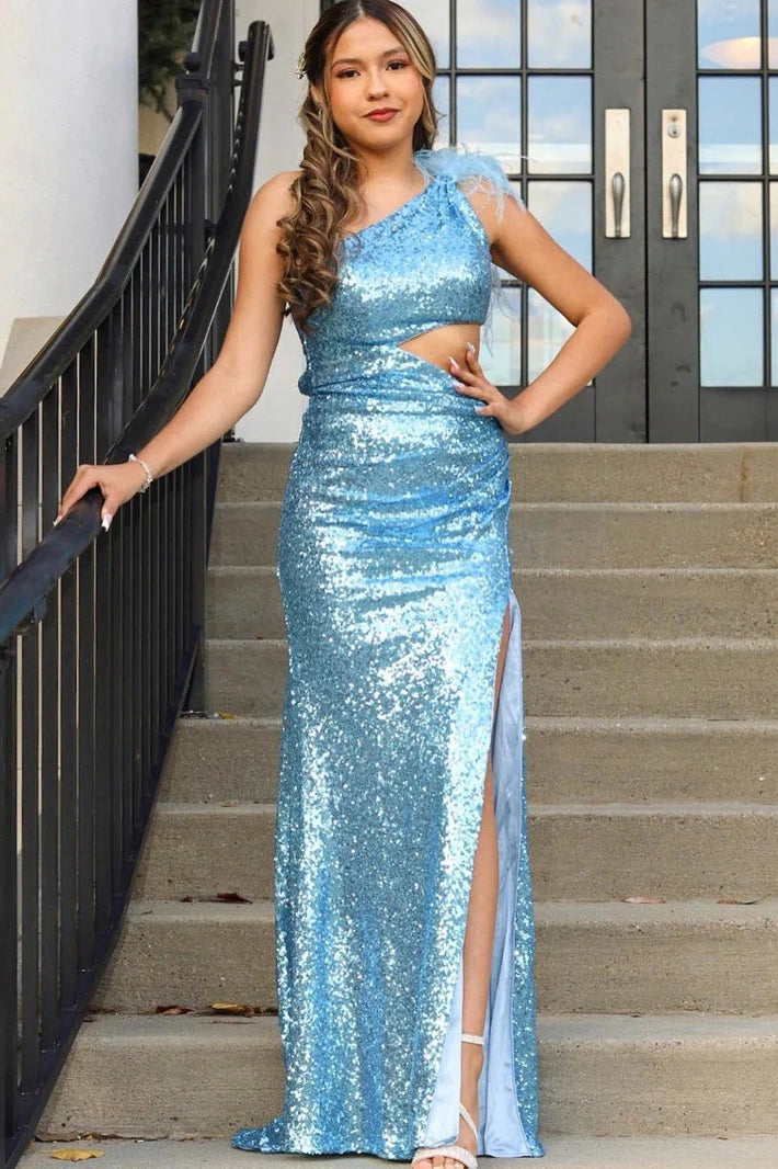 One Shoulder Empire With Side Slit Fully Sequins Prom Dress