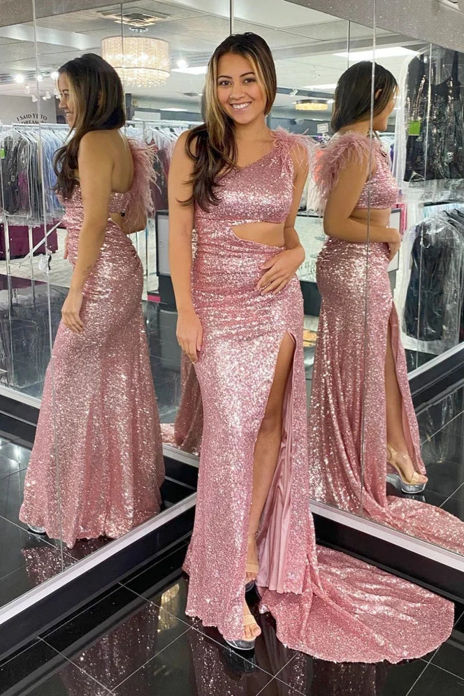 One Shoulder Empire With Side Slit Fully Sequins Prom Dress