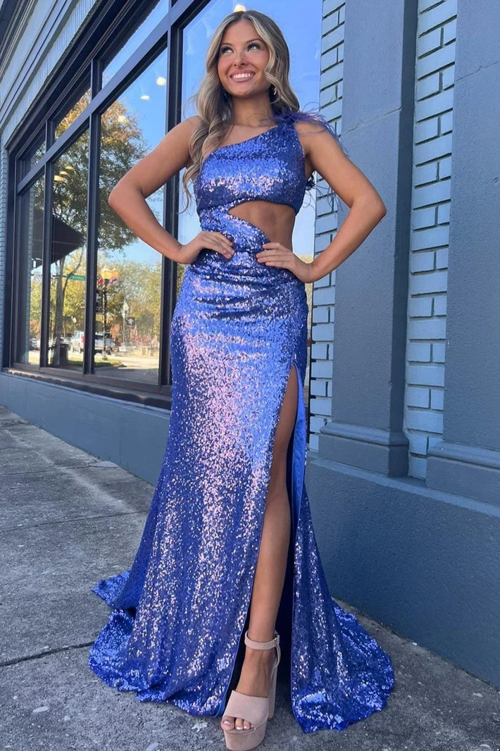 One Shoulder Empire With Side Slit Fully Sequins Prom Dress