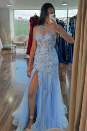 One Shoulder Mermaid Appliques Tulle Prom Dress