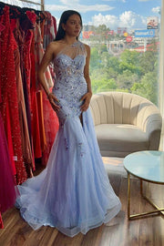 One Shoulder Mermaid Appliques Tulle Prom Dress