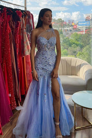 One Shoulder Mermaid Appliques Tulle Prom Dress