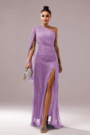 One Shoulder Ruched Empire A-Line Party Prom Dress With Slit