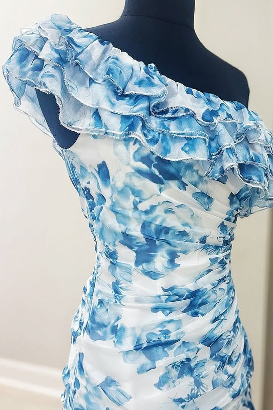 One Shoulder Ruffled Ruched Empire Floral Homecoming Dress