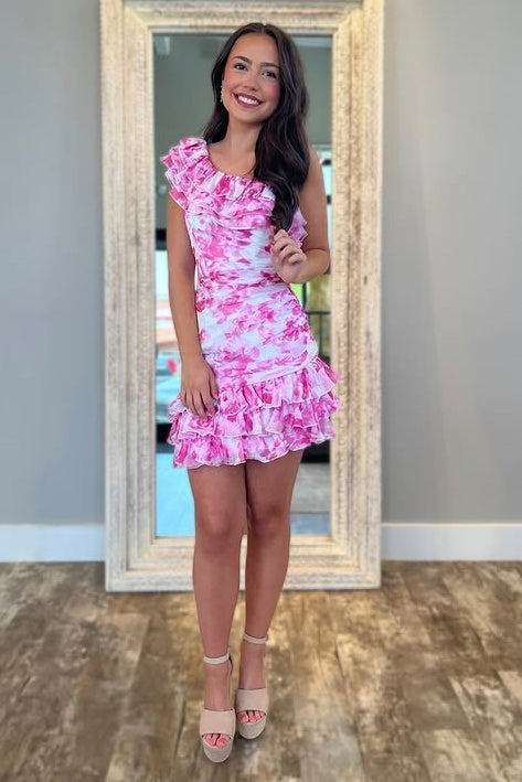 One Shoulder Ruffled Ruched Empire Floral Homecoming Dress