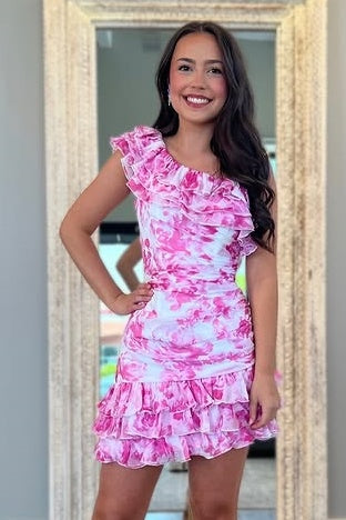 One Shoulder Ruffled Ruched Empire Floral Homecoming Dress
