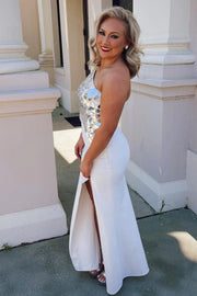 One Shoulder Satin Fitted Beaded With Train Prom Dress