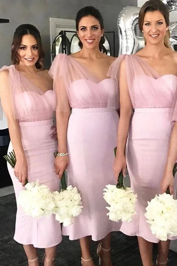 One Shoulder Satin Trumpet Empire Pink Bridesmaid Dress