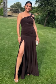 One Shoulder Sleeveles Empire Party Prom Dress With Leg Slit 