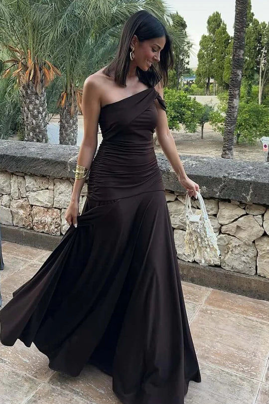 One Shoulder Sleeveles Empire Party Prom Dress With Leg Slit 