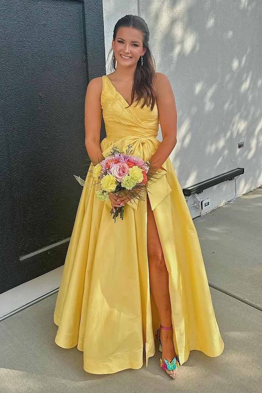 One Shoulder Sleeveless A-Line Satin Party Prom Dress