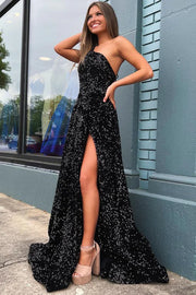 One Shoulder Sleeveless A-Line Sequins Prom Dress