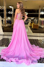 One Shoulder Sleeveless Beaded Chiffon A-Line Long Party Prom Dress